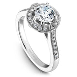 A Noam Carver white gold engagement ring with rose gold floral accents on a setting and 30 diamonds.