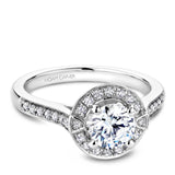 A Noam Carver white gold engagement ring with rose gold floral accents on a setting and 30 diamonds.