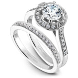 A Noam Carver white gold engagement ring with rose gold floral accents on a setting and 30 diamonds.