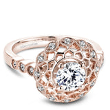 A Noam Carver rose gold engagement ring with a floral halo and 18 round diamonds.