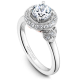 A Noam Carver white gold engagement ring with rose gold floral accents on a setting and 26 diamonds.