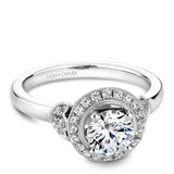A Noam Carver white gold engagement ring with rose gold floral accents on a setting and 26 diamonds.