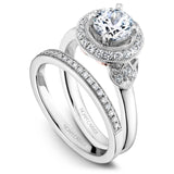 A Noam Carver white gold engagement ring with rose gold floral accents on a setting and 26 diamonds.