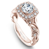 A Noam Carver rose gold engagement ring with a cushion halo, 24 round diamonds and a detailed floral band. 