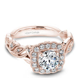 A Noam Carver rose gold engagement ring with a cushion halo, 24 round diamonds and a detailed floral band. 