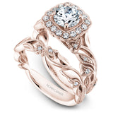 A Noam Carver rose gold engagement ring with a cushion halo, 24 round diamonds and a detailed floral band. 
