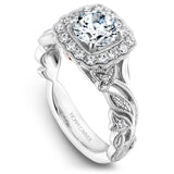A Noam Carver white gold engagement ring with a cushion halo, 24 round diamonds and a detailed floral band. 