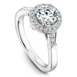 A Noam Carver white gold engagement ring with rose gold floral accents,  a round center stone, a halo and 24 diamonds.