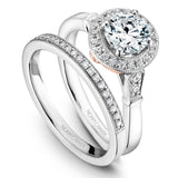 A Noam Carver white gold engagement ring with rose gold floral accents,  a round center stone, a halo and 24 diamonds.
