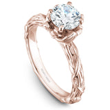 A Noam Carver rose gold engagement ring with a round centerpiece, 2 diamonds on a setting and a floral band.