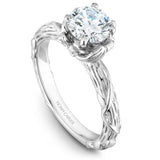 A Noam Carver white gold engagement ring with a round centerpiece, 2 diamonds on a setting and a floral band.