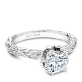 A Noam Carver white gold engagement ring with a round centerpiece, 2 diamonds on a setting and a floral band.