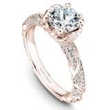 A Noam Carver rose gold engagement ring with a round centerpiece and a floral band dazzled with 100 diamonds.