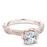 A Noam Carver rose gold engagement ring with a round centerpiece and a floral band dazzled with 100 diamonds.