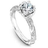 A Noam Carver white gold engagement ring with a round centerpiece and a floral band dazzled with 100 diamonds.
