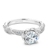 A Noam Carver white gold engagement ring with a round centerpiece and a floral band dazzled with 100 diamonds.