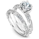 A Noam Carver white gold engagement ring with a round centerpiece and a floral band dazzled with 100 diamonds.