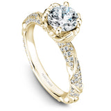 A Noam Carver yellow gold engagement ring with a round centerpiece and a floral band dazzled with 100 diamonds.