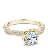 A Noam Carver yellow gold engagement ring with a round centerpiece and a floral band dazzled with 100 diamonds.