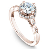 A Noam Carver rose gold engagement ring with floral accents on a setting and 28 round diamonds.
