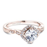 A Noam Carver rose gold engagement ring with floral accents on a setting and 28 round diamonds.