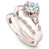 A Noam Carver rose gold engagement ring with floral accents on a setting and 28 round diamonds.