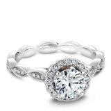 A Noam Carver white gold engagement ring with rose gold accents, a round centerpiece and 34 diamonds on a floral band.