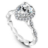 A Noam Carver white gold engagement ring with a pear center stone, 36 round diamonds and a floral band.