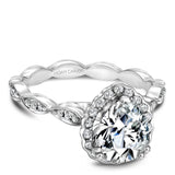 A Noam Carver white gold engagement ring with a pear center stone, 36 round diamonds and a floral band.