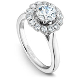 A Noam Carver white gold engagement ring with 14 diamonds on a floral halo.