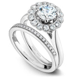 A Noam Carver white gold engagement ring with 14 diamonds on a floral halo.