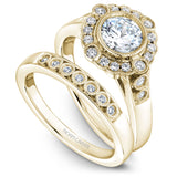A Noam Carver yellow gold engagement ring with 20 round diamonds.