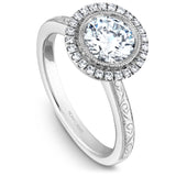 A Noam Carver engraved white gold engagement ring with a round centerpiece on a floral halo and 25 diamonds.