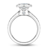 A Noam Carver engraved white gold engagement ring with a round centerpiece on a floral halo and 25 diamonds.