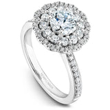 A Noam Carver white gold engagement ring with a floral halo and 74 round diamonds.
