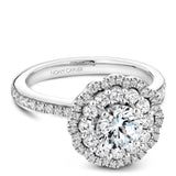 A Noam Carver white gold engagement ring with a floral halo and 74 round diamonds.