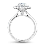 A Noam Carver white gold engagement ring with a floral halo and 74 round diamonds.