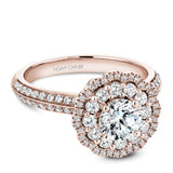 A Noam Carver rose gold engagement ring with a floral halo and 94 round diamonds.