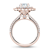 A Noam Carver rose gold engagement ring with a floral halo and 94 round diamonds.