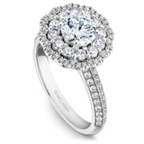 A Noam Carver white gold engagement ring with a floral halo and 94 round diamonds.