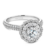 A Noam Carver white gold engagement ring with a floral halo and 94 round diamonds.