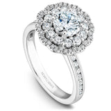 A Noam Carver white gold engagement ring with a floral halo and 70 round diamonds.
