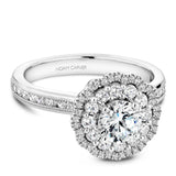 A Noam Carver white gold engagement ring with a floral halo and 70 round diamonds.