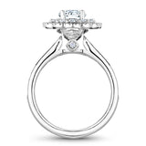 A Noam Carver white gold engagement ring with a floral halo and 70 round diamonds.
