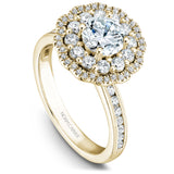 A Noam Carver yellow gold engagement ring with a floral halo and 70 round diamonds.
