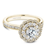 A Noam Carver yellow gold engagement ring with a floral halo and 70 round diamonds.
