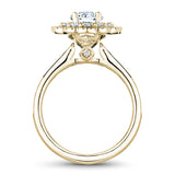 A Noam Carver yellow gold engagement ring with a floral halo and 70 round diamonds.
