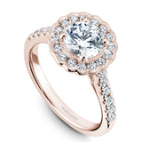 A Noam Carver rose gold engagement ring with a floral halo and 34 diamonds.