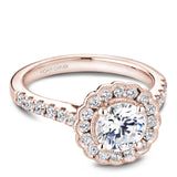 A Noam Carver rose gold engagement ring with a floral halo and 34 diamonds.