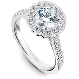 A Noam Carver white gold engagement ring with a floral halo and 34 diamonds.